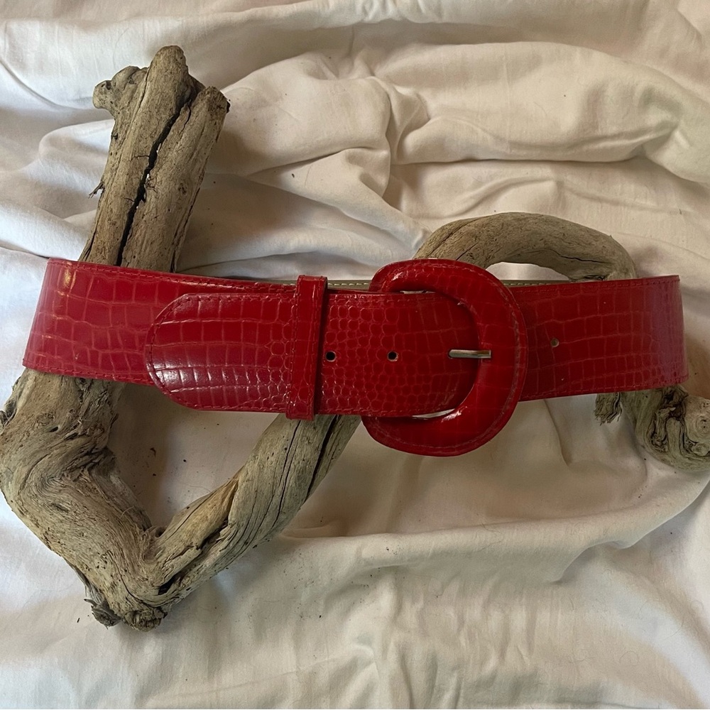 Red Crocodile-Embossed Leather Belt